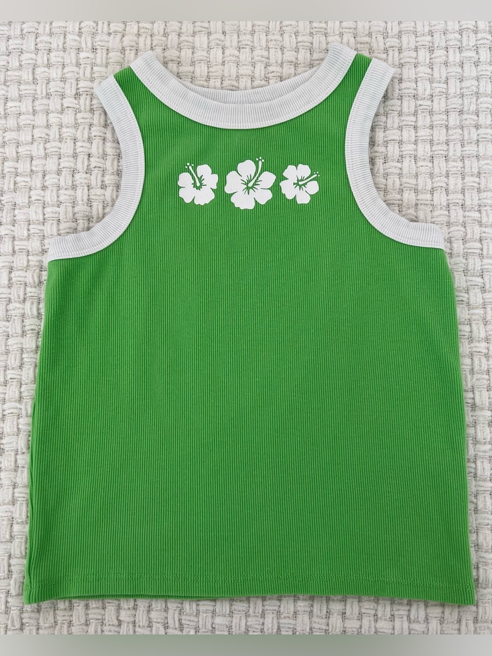 Art Class Bright Green Ribbed Tank with White Hibiscus Trim